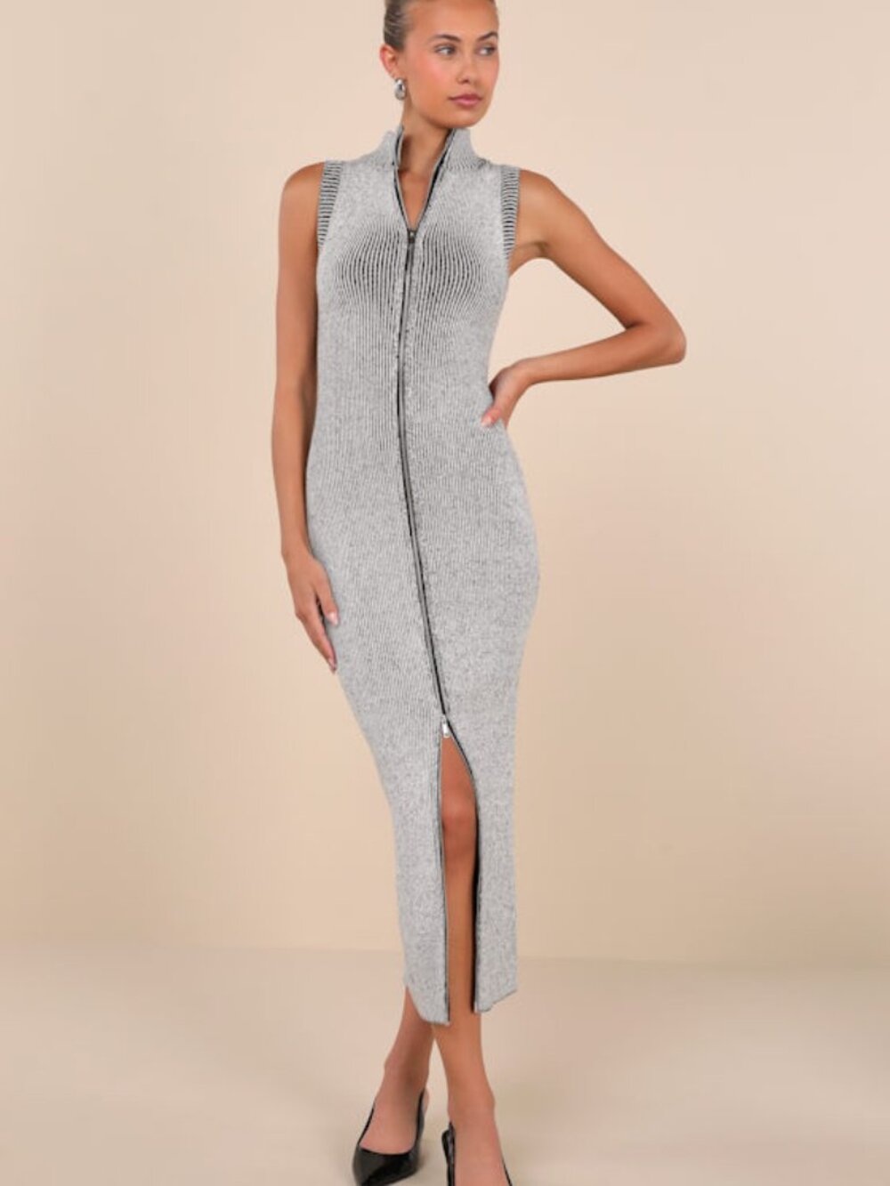 Lulus Confident Moves Light Grey Marled Zip-front Midi Sweater Dress - Size S